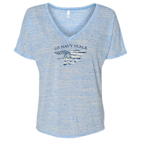 Ladies US NAVY SEALS with Navy/White Trident Flag V-neck Slouch Tee