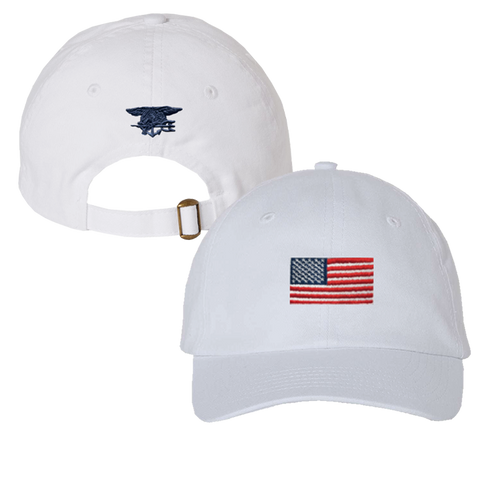 Youth White Cap with American Flag and 3D Navy Trident