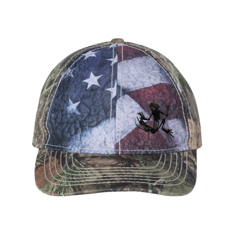 American Flag with Bone Frog Mossy Oak Camo Cap