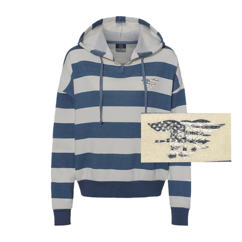 Ladies Stonewash Striped Fleece Boxy Hooded Sweatshirt
